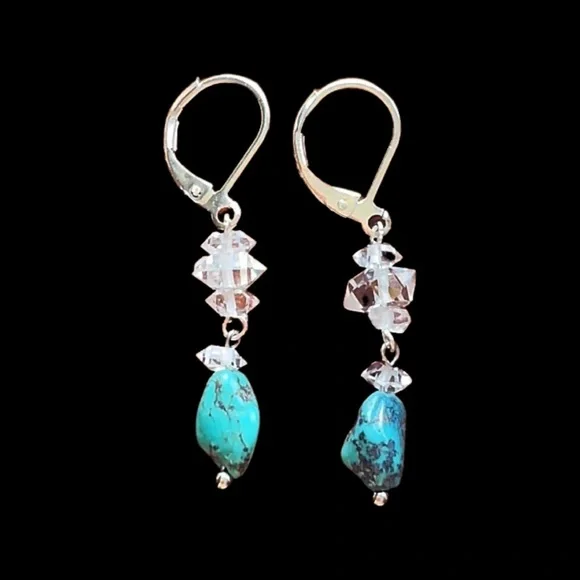 Genuine Turquoise & Herkimer Diamond Quartz Earrings! - Picture 3 of 7